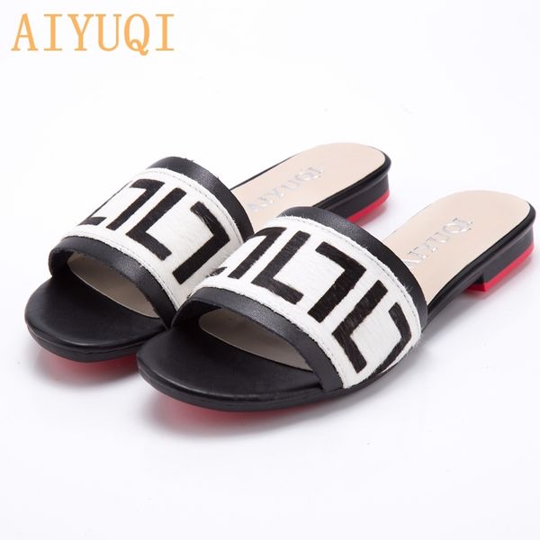 

aiyuqi women slippers new summer genuine leather flat women slides mohair casual outdoor slippers women shoes t200411, Black