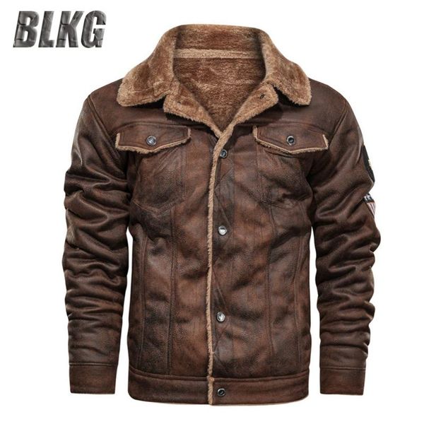 

men's fur & faux blkg leather jacket men biker thick warm fleece winter single breasted mens, Black
