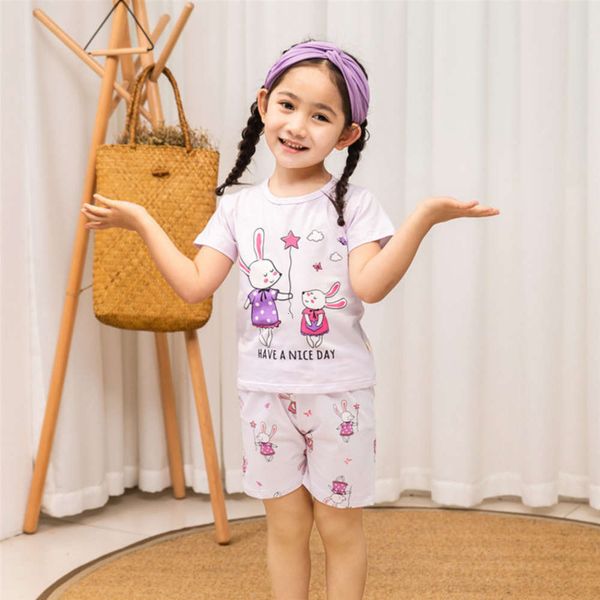 

girls' middle and small pajamas summer short sve household children's thin air conditioning cloth baby suit, Blue;red