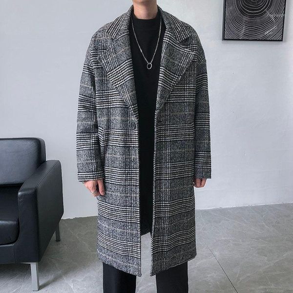 

plaid coat men's fashion retro casual long woolen coat men streetwear korean loose oversize woolen mens overcoat s-2xl1, Black
