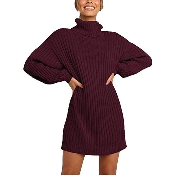 

fashion turtleneck sweater dress solid long sleeve sweater pullover batwing long sleeve loose thick warm knitted, White;black