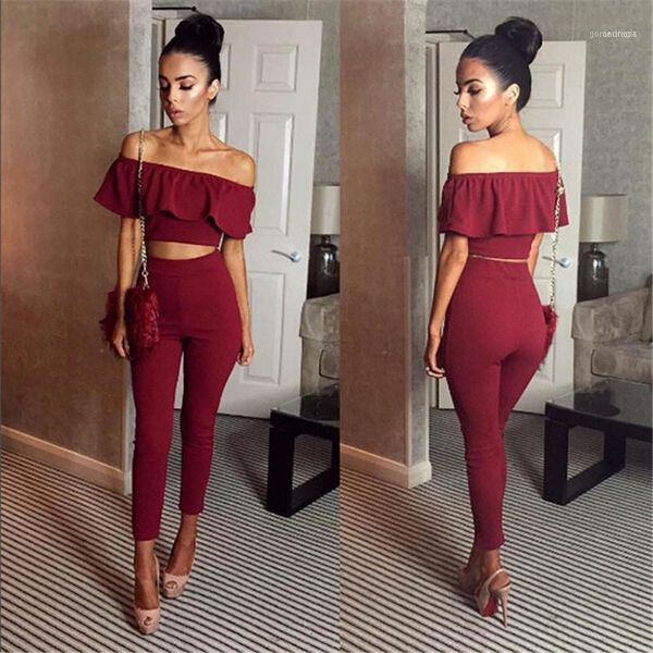 

2 piece crop and pants women set 2018 summer autumn new fashion ruffles and pants casual clothing women suit set11, White