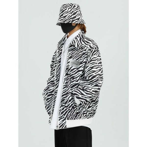 

men zebra pattern includes hat casual loose jacket male women couple streetwear hip hop coat outerwear, Black;brown