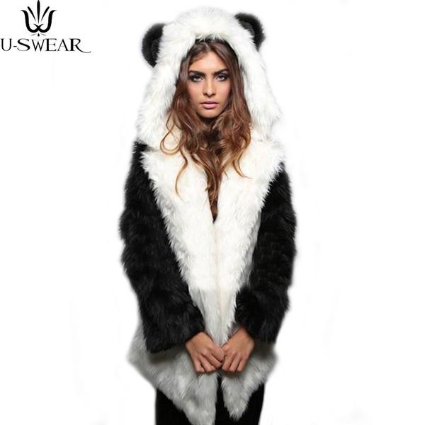 

u-swear fashion winter women faux fur coat hooded with cat ears thick warm long sleeve black fake fur coat casaco feminino