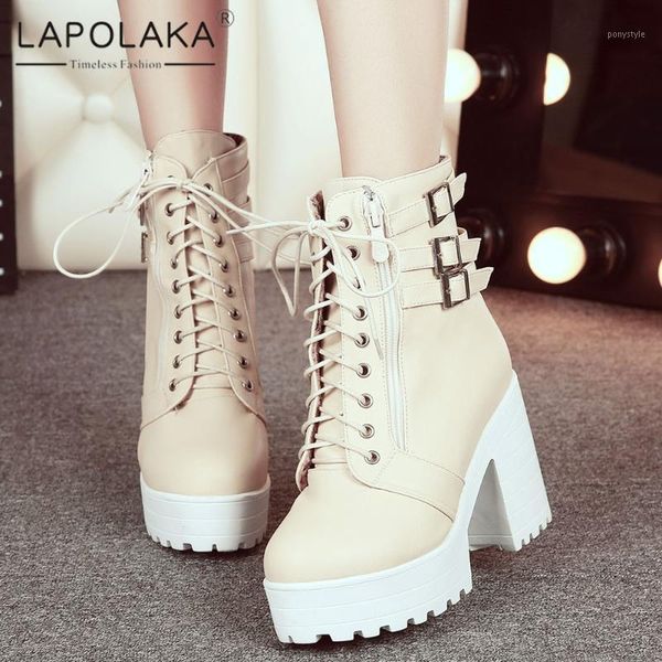 

boots lapolaka fashion 2021 big size 43 platform ankle woman shoes zip up thick high heels comfy motorcycle female1, Black