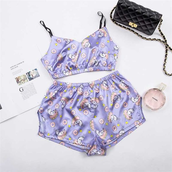 

sleepwear unicorn lovely summer pyjamas women 2 piece set casual satin pajamas set female homewear sleeveless nightwear 220108, Red;black