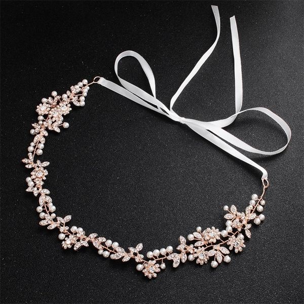 

kmvexo rose gold crystal brides headband wedding hair accessories vintage pearl flower tiaras hairbands bridal hair jewelry y200409, Slivery;golden