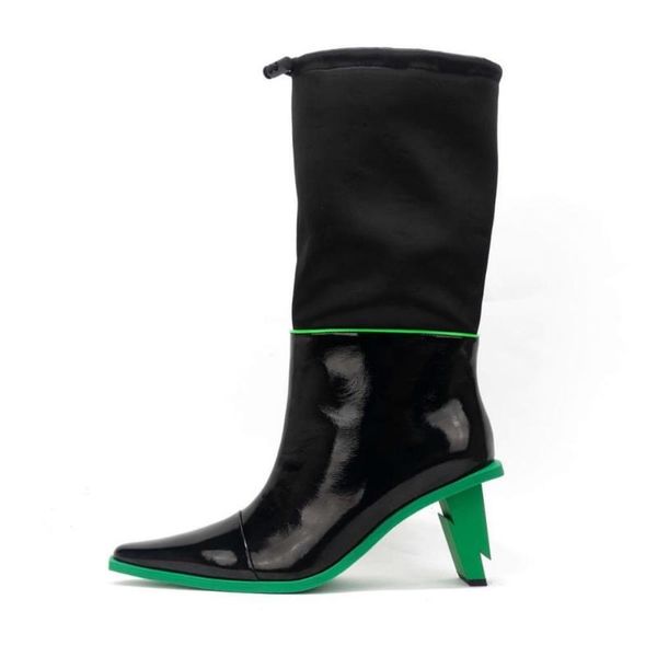 

new leather mid-calf boots women profiled heel high heel booties fashion pointed toe boots ladies botas mujer winter shoes women, Black