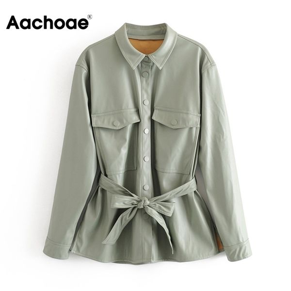 

aachoae women fashion faux leather jacket with belt ladies long sleeve streetwear jackets loose casual pockets outwear coat 201223, Black