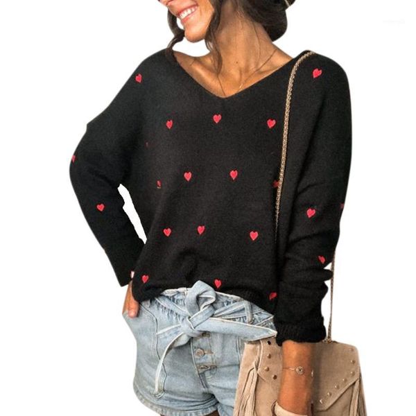

autummn women knitted heart print women clothing v neck pullovers female long sleeve loose knitwear fashion jumper1, White;black