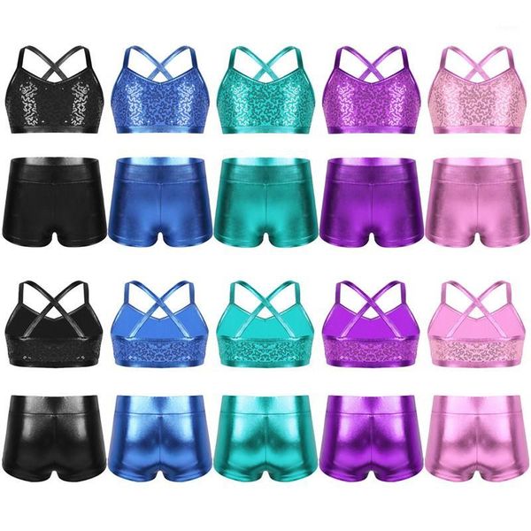 

2pcs kids girls tankini outfit spaghetti shoulder straps shiny sequins tank with bottoms set for ballet dance gym workout1, Black;red