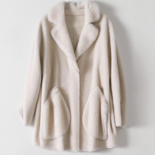 

autumn lady beige plus size sheep genuine fur thick warm fur outwear winter lapel new loose wool mid length women office coat, Black