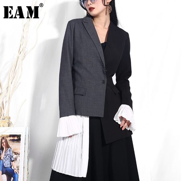 

[eam] women black gray pleated split joint blazer new lapel long sleeve loose fit jacket fashion tide spring autumn yc941 201114, White;black