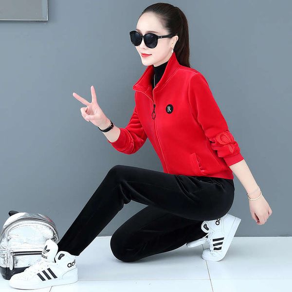 

1fall sports women's gold plush / winter 2020 new loose casual sweater light luxury two piece suit, Gray