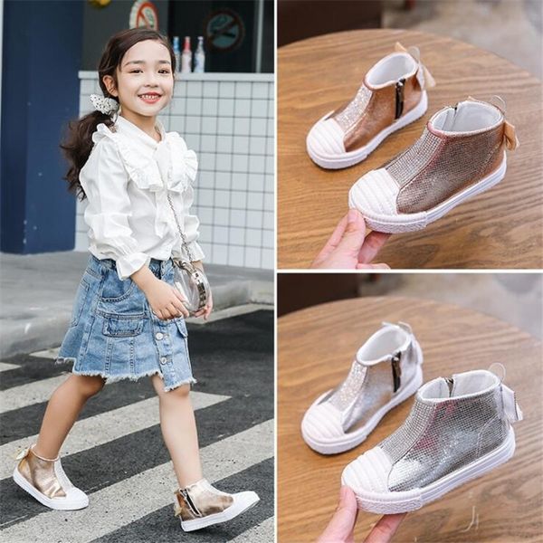 

fashion girls boots bling rhinestones bow martin boots female baby toddler shoes soft bottom zipper children' sports shoes y200104, Black;grey