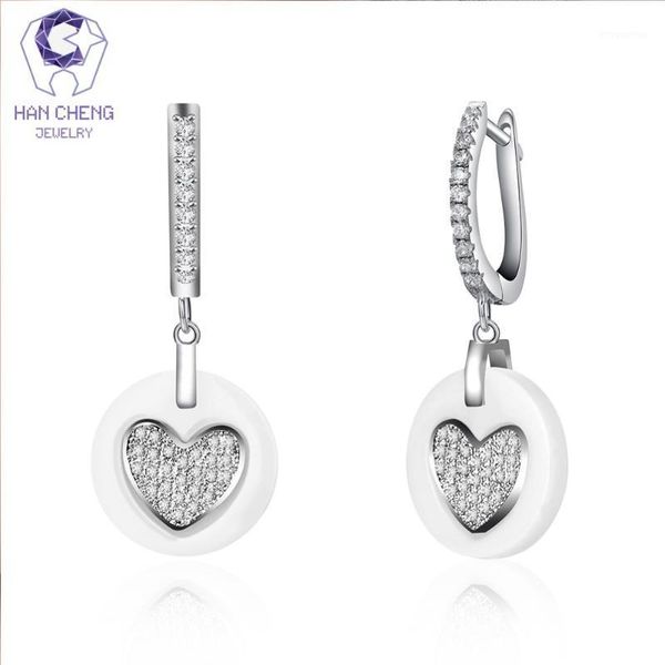 

hancheng new golden dangle long hanging zircon gem stone ceramic heart drop earrings for women jewelry brincos bijoux1, Silver