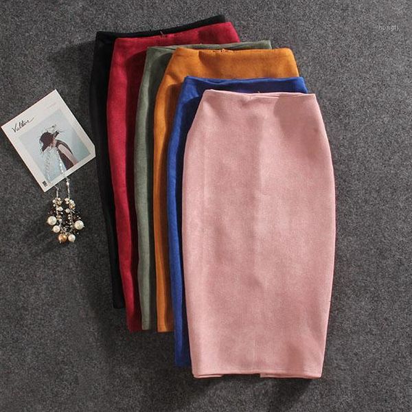 

2019 women skirts suede split thick stretchy skirt female pencil skirts plus size jupe femme faldas mujer1, Black