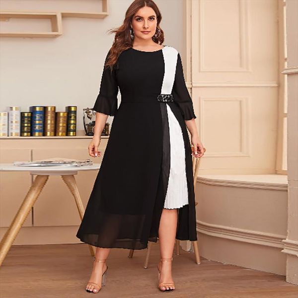 

white and black contrast color elegant dress women summer three quarter sleeve casual dress plus size maxi long dresses, Black;gray