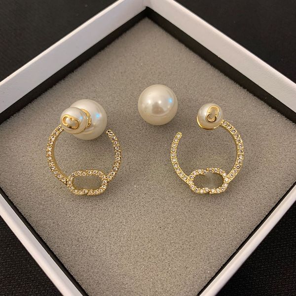 

new women's designer earrings classic letter d pearl diamond earrings 925 silver needle luxury jewelry wholesale, Golden;silver