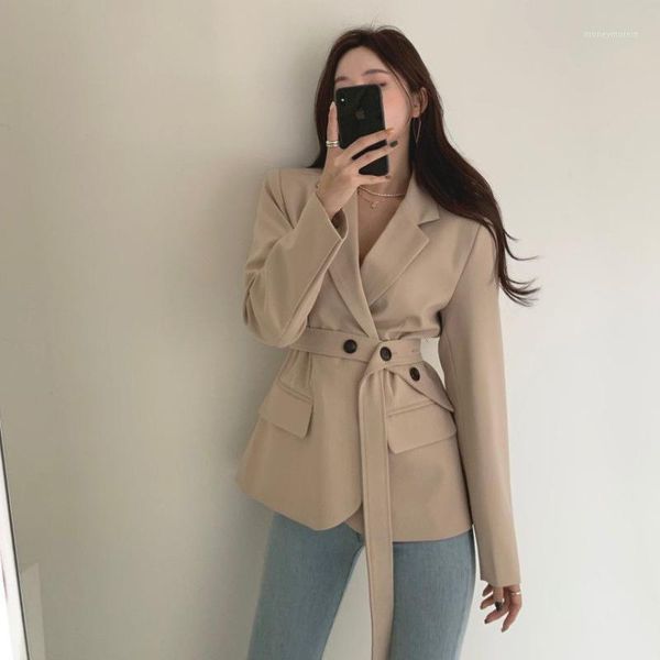 

women's suits & blazers single-breasted waistband elegant commuter suit style women solid color blazer with belt autumn set h1591, White;black