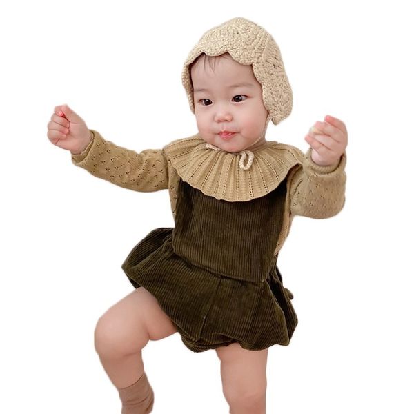 

2021 corduroy sets kids spring new boys overalls baby jumpsuit toddler girls ruffle collar hollow out knit sweater wqap, Blue