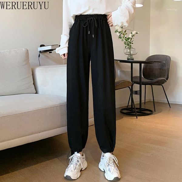 

werueruyu autumn winter high waist harem pants women plus size loose black pants women long plustrousers sweatpants1, Black;white