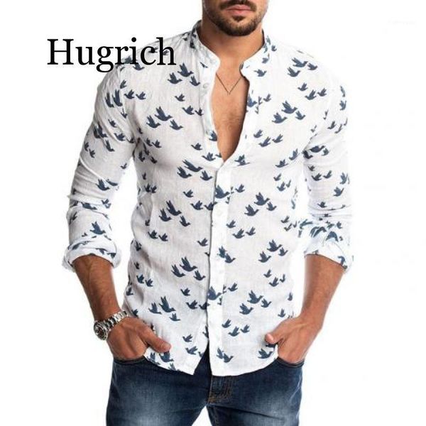 

spring autumn casual men pigeon print buttons long sleeve fashion pure shirt linen slim comfortable for men shirt1, White;black