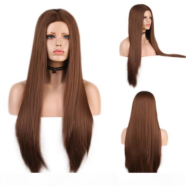 

aimeya middle part chestnut silky straight synthetic wig for women dark brown heat resistant fiber halloween cosplay wig, Black