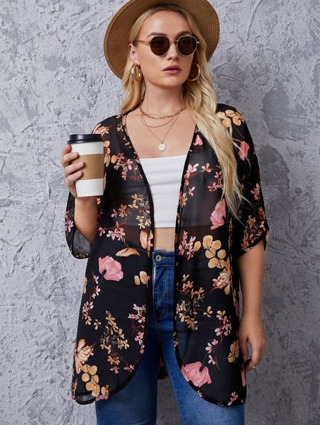 

plus floral print kimono 73fy#, Black