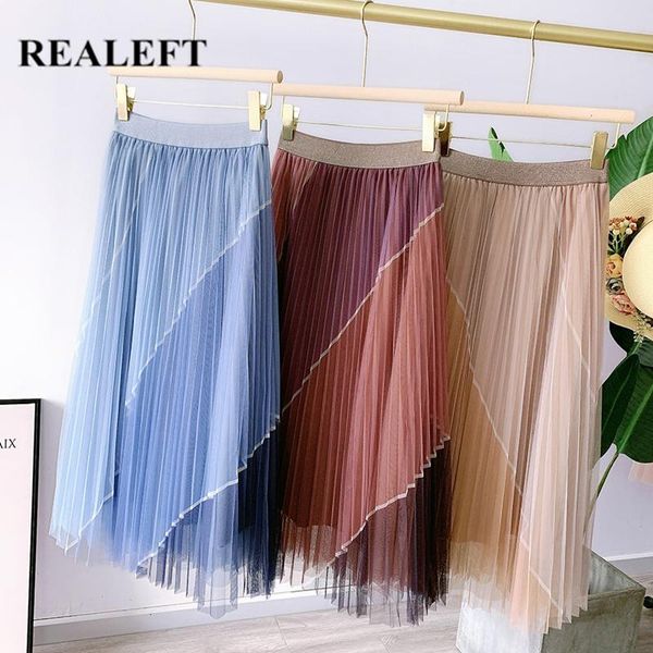 

realeft 2021 new vintage colorblock mesh pleated women long skirts high waist harajuku umbrella chic female skirt spring summer, Black