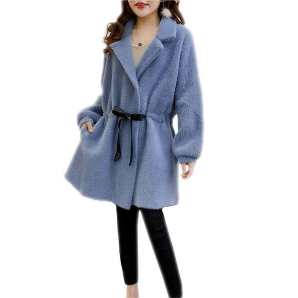 

women's fur & faux 2021 autumn winter women fashion middle long coat female sashe slim loose fake jacket outerwear c45, Black