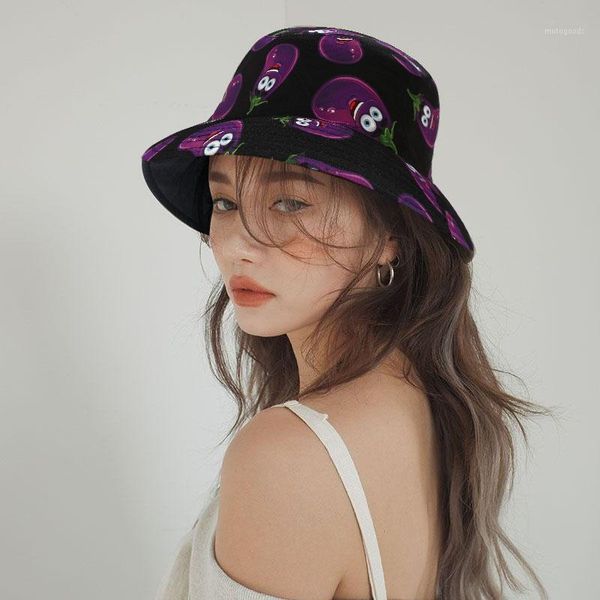 

personality vegetable print women bucket hats wide brim foldable female fisherman caps cotton summer outdoor sun hat1, Blue;gray