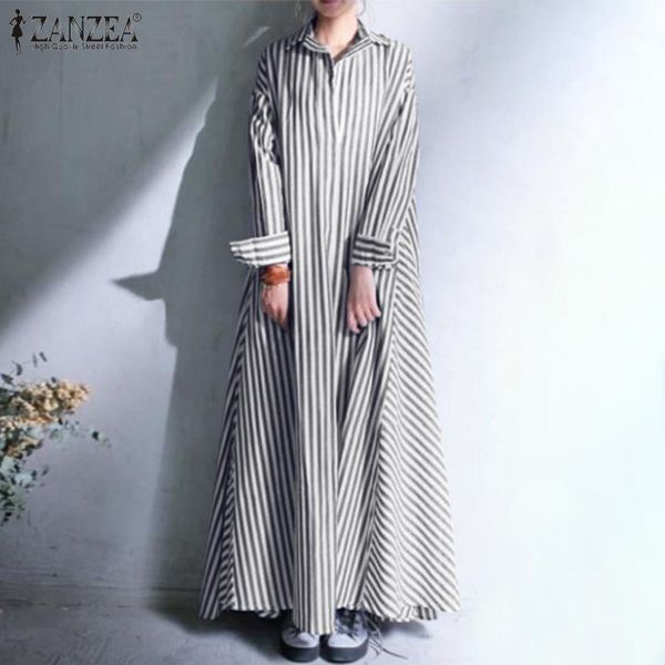 

oversized zanzea stylish women striped long shirt dress autumn lapel neck long sleeve kaftan maxi vestidos vintage sundress robe1, Black;gray
