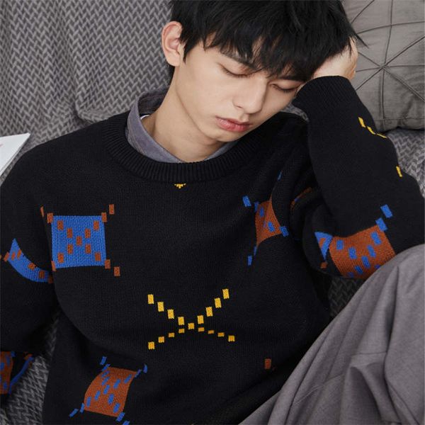 

2020 trendy fashion round neck sweater men's autumn new style korean personality color block jacquard sweater coat s-2xl, White;black