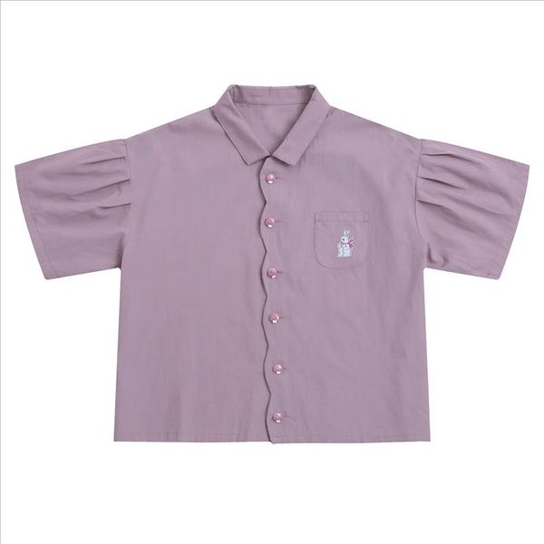 

fashion sweet design women summer blouse purple strawberry button short sleeve cute bunny embroidery teenage girls shirt, White