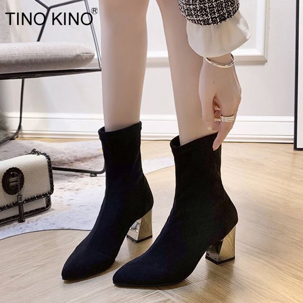 

2021 new tino kino women stretch knitted sock ankle boots autumn fleeces pointed toe high heel slip on fashion ladies shoes i4qs, Black