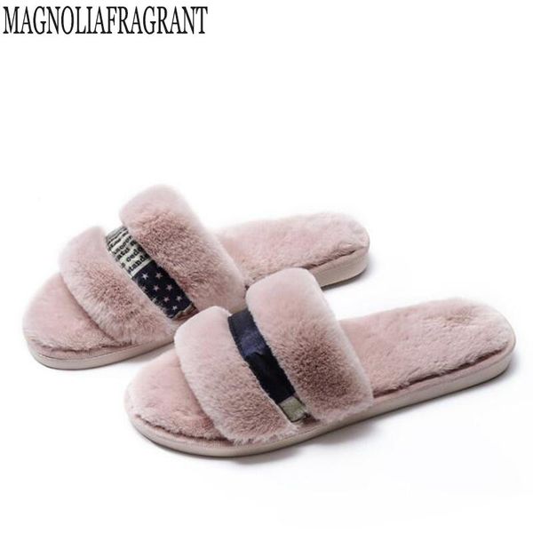 

2020 flip flops winter women home slippers with faux fur fashion warm shoes woman slip on flats female slides fur slides c129, Black