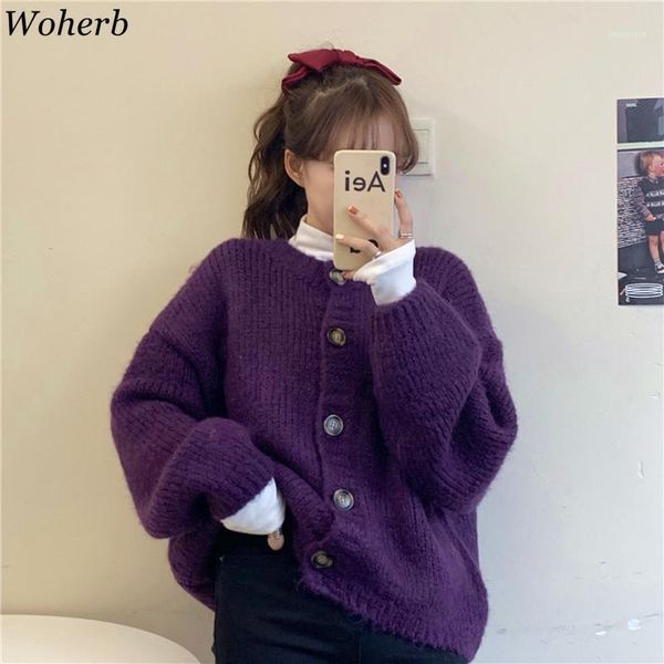 

woherb 2020 new autumn sweater loose korean knit casual solid color cardigan coat ins long sleeves button jacket chic jumper1, White