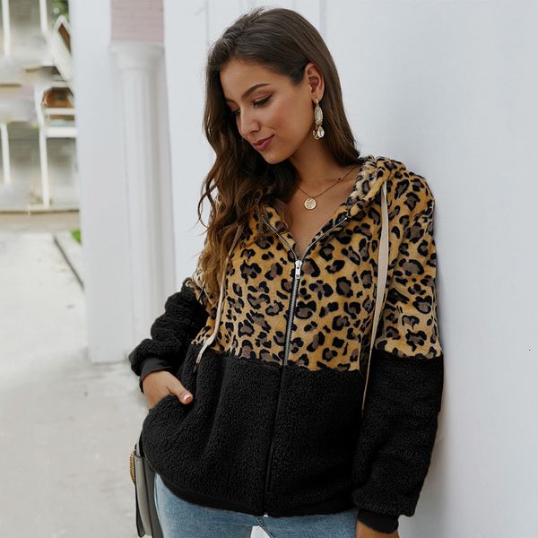 

2020 women's autumn jacket vintage hooded plus size patchwork female cold coat leopard with zipper loose casual outwear