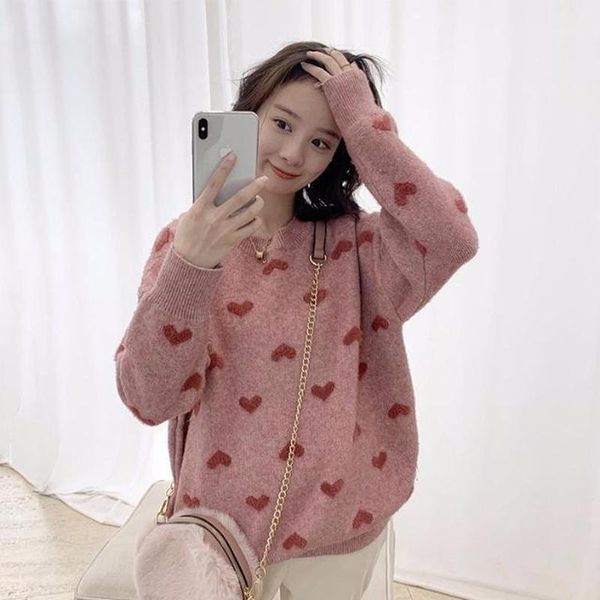 

2020 spring and autumn imitation mink sweater women's new female pink love sweater female students korean loose base1, White;black