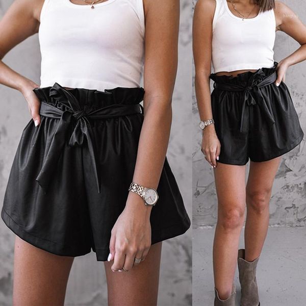 

2020summer new korean style female leather shorts high waist loose wide leg short femme bow tie sashes short skirt1, White;black