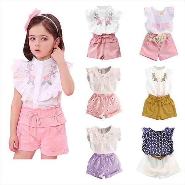 

girls suits summer style kids beautiful floral flower butterfly sleeve children o-neck clothing shorts suit 2pcs clothes, White
