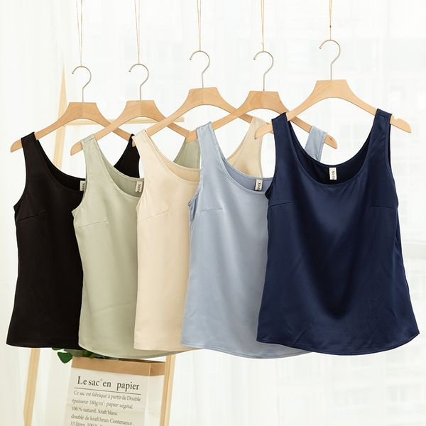 

women satin tank cami o-neck sleeveless silky shiny blusas m30485, Black;white