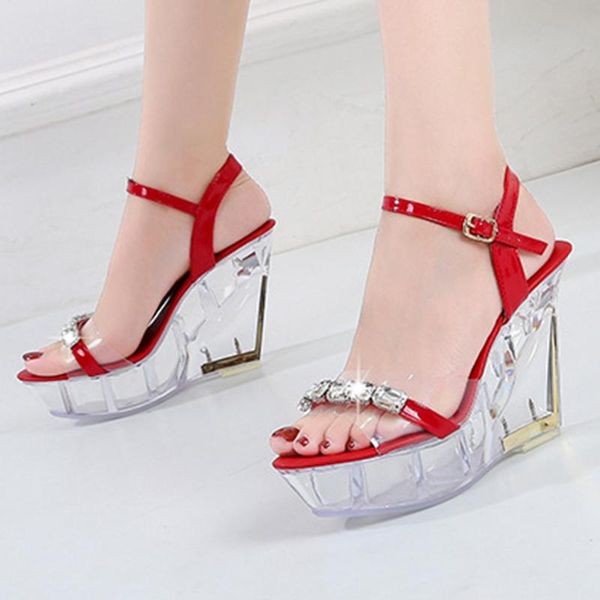 

crystal wedge sandals women high heels 10cm wedding party catwalk fashion plus size brand ladies shoes, Black