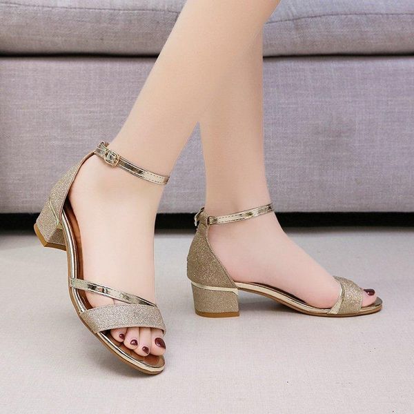 

sandals 2021 summer women's fashion mid-heel shoes silver comfortable, Black
