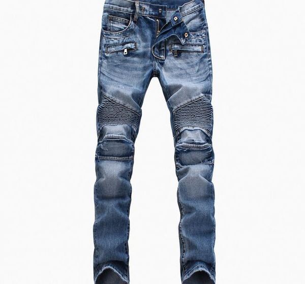 Jeans skinny da motociclista dritti in denim slim blu / nero all'ingrosso da uomo Jeans strappati casual lunghi da uomoNZ01