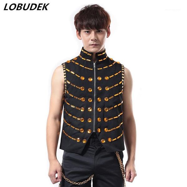 

black white punk style male vest sparkly crystal waistcoat nightclub rock singer stage outfit musical concert jazz dance costume1