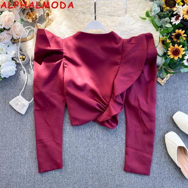 

alphalmoda 2020 spring new ruffled jacket pull sleeve back zipper long-sleeved ladies slim fit short outfit1, Black;brown