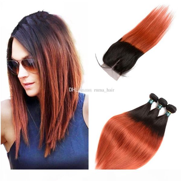 

ombre straight hair with lace closure two tone colored 1b 30 silk striaght orange color hair extension 10-30 inch ombre lace closure, Black;brown