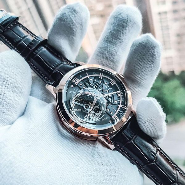 

oblvlo casual mens skeleton dial calfskin leather band rose gold automatic watches for men montre homme vm 1, Slivery;black